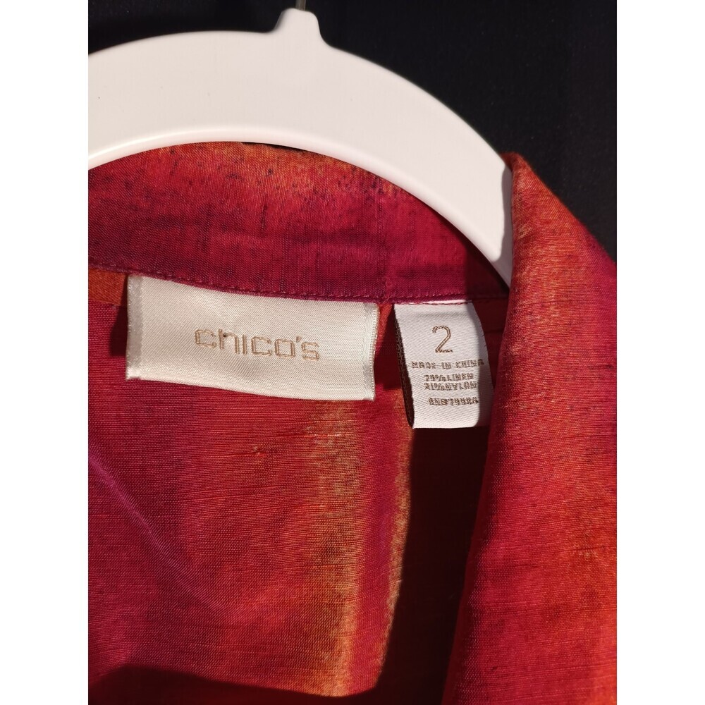 Chico’s Size 2 Linen Blend Jacket Semi Sheer Red Pink Stripe Drawstring Boho - Picture 5 of 6